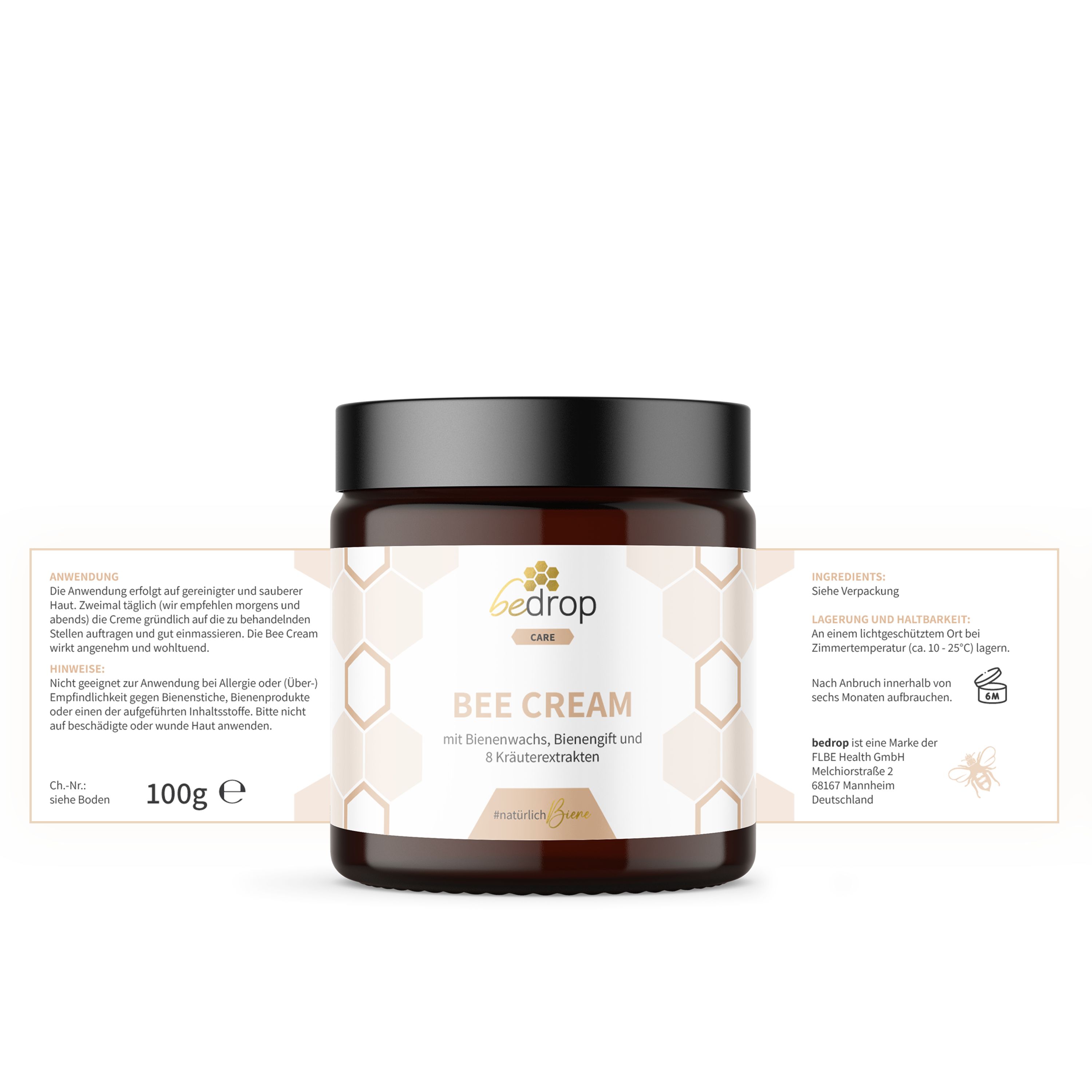 Braune Glasdose "bedrop Bee Cream" mit Produktinformationen. Aufkleber mit Inhaltsstoffen und Anwendungshinweisen.