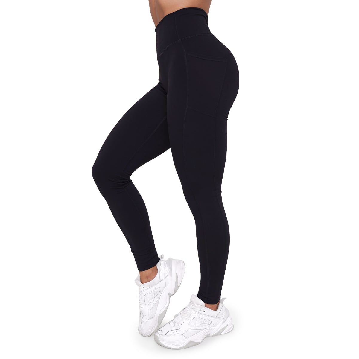 Seitenansicht einer schwarzen Damen-Leggings mit hoher Taille.