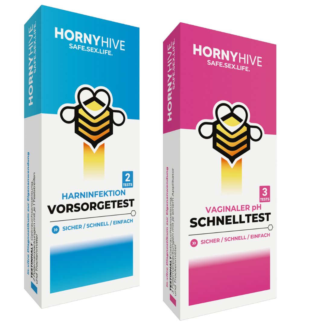 Zwei Testverpackungen nebeneinander. Blau: Harninfektion. Pink: Vaginaler pH. Logo mit Biene. Text: Schnelltest.