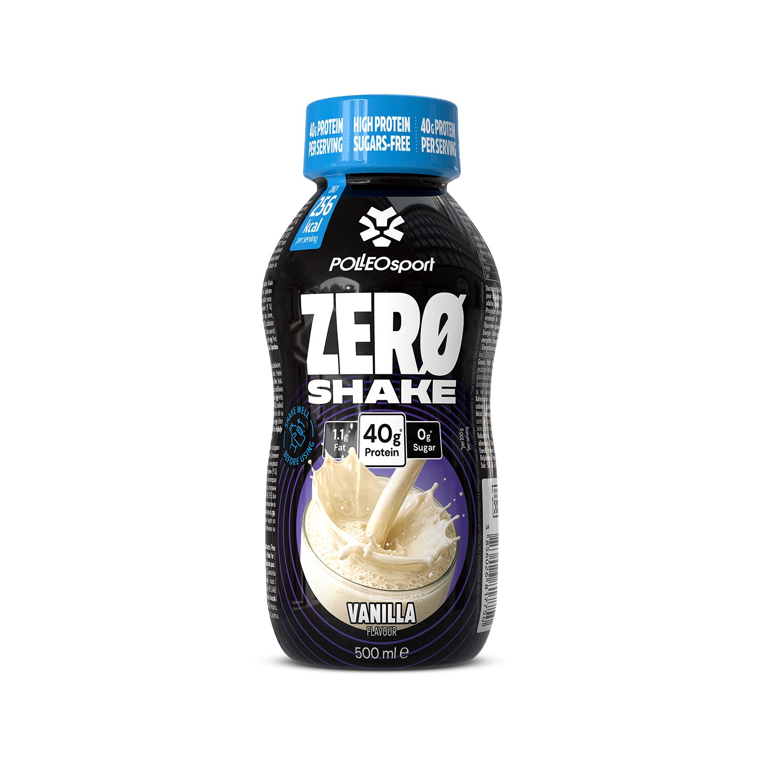 Flasche Zero Shake Vanille mit 40g Protein, 0g Zucker, 256 kcal pro Portion. 500 ml.