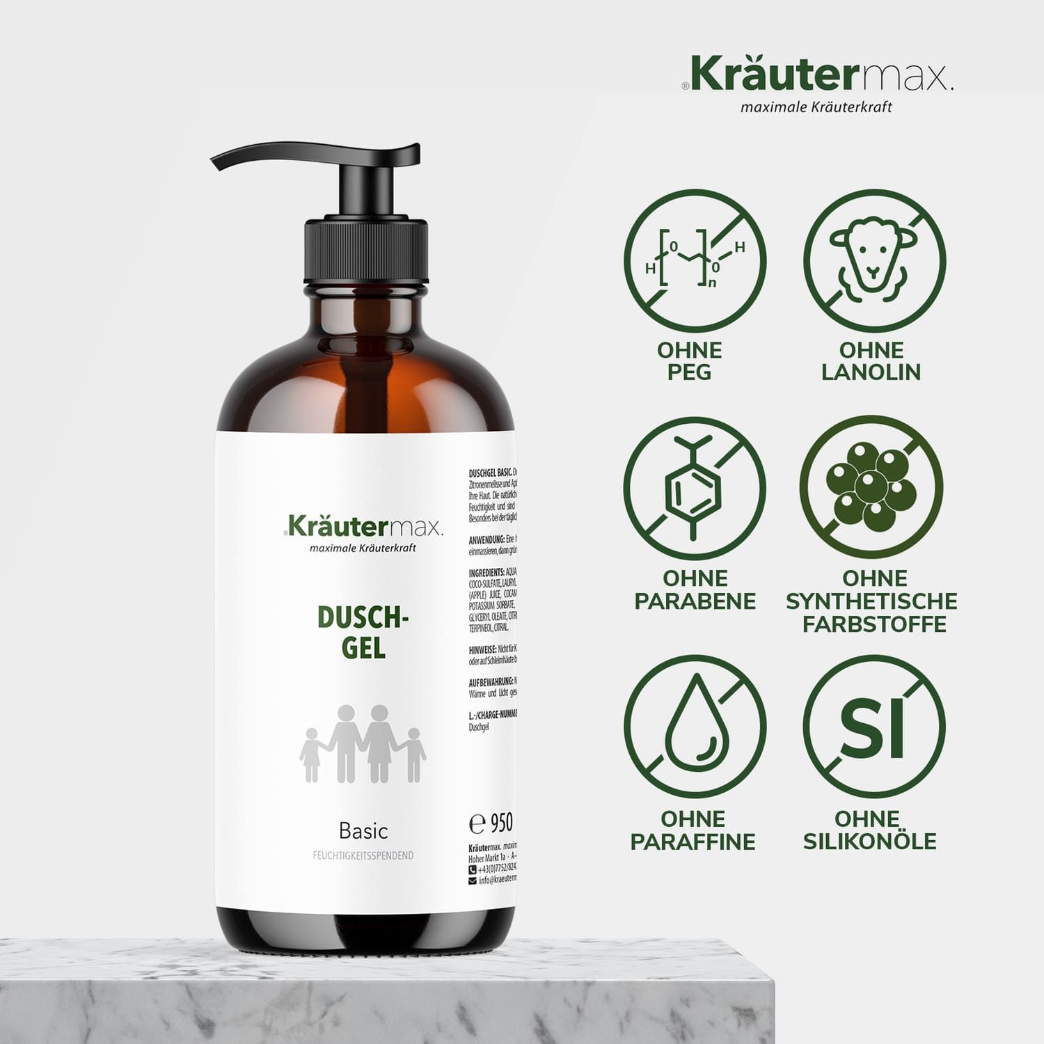 Braune Flasche mit schwarzem Pumpkopf. Weißes Etikett mit Produktname. Symbole zeigen: ohne PEG, Lanolin, Parabene, synthetische Farbstoffe, Paraffine, Silikonöle.