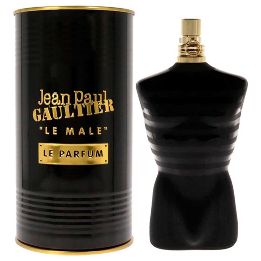 Schwarzer Flakon in Torsoform mit goldfarbenem Verschluss und zylindrischer Dose. Aufschrift: Jean Paul Gaultier, Le Male, Le Parfum.