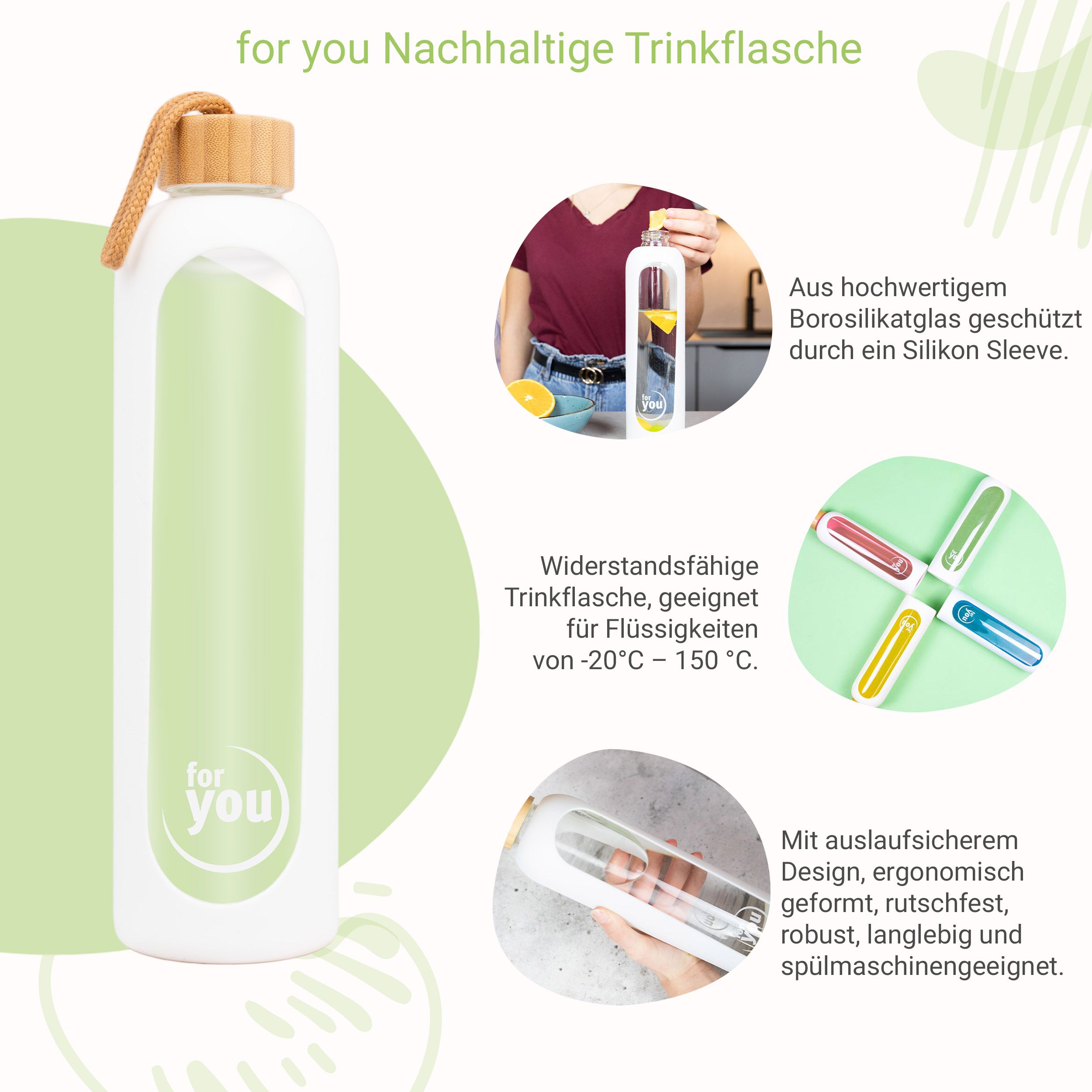 Weiße Glas-Trinkflasche mit Bambusdeckel und Silikonhülle. Merkmale: auslaufsicher, spülmaschinenfest.