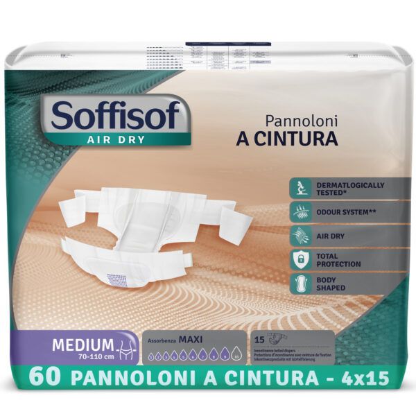 Verpackung von Soffisof Inkontinenzschutz mit Hüftbund Maxi. Medium, 70-110 cm. 60 Stück. Mit dermatologischer Prüfung und Geruchskontrolle.