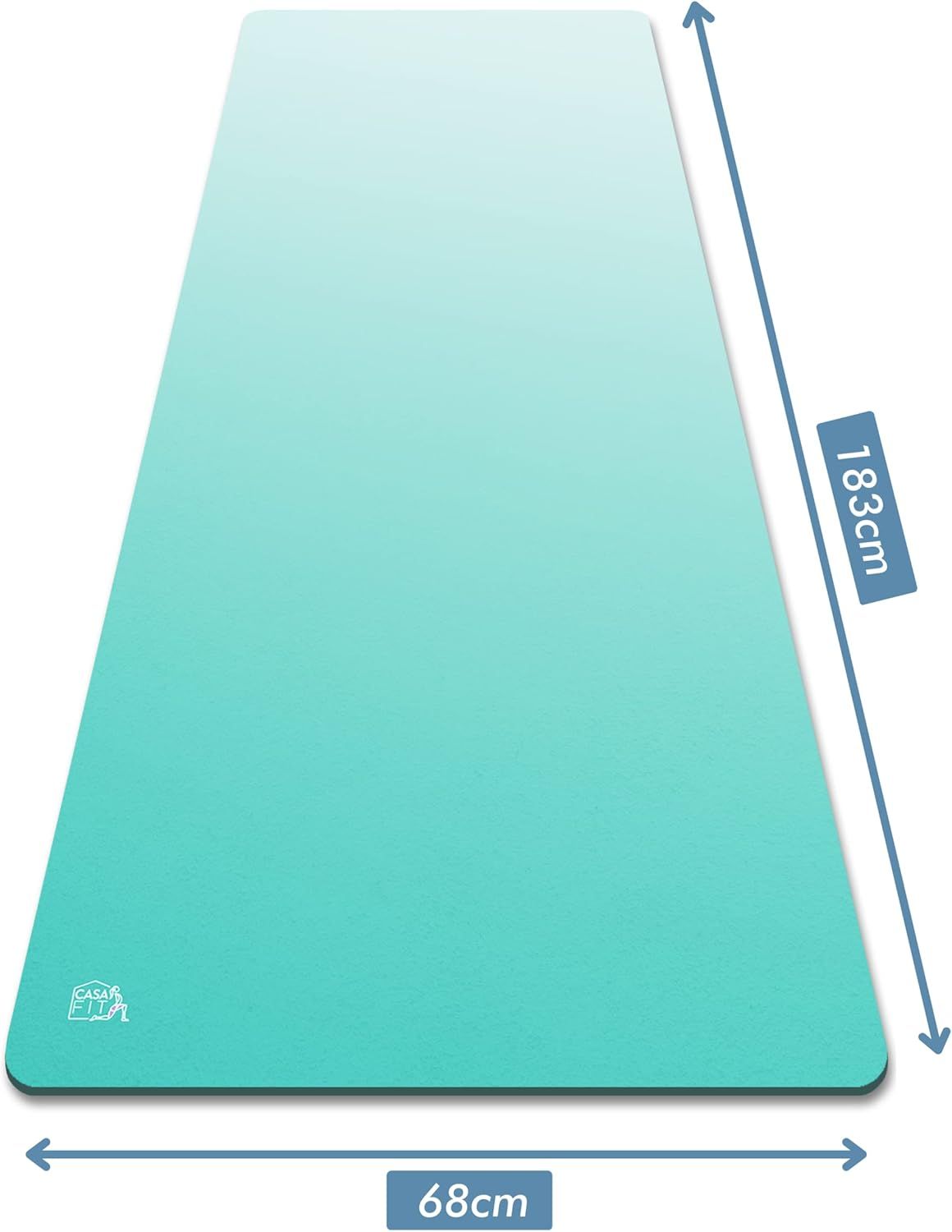 Tiffanyblaue Yogamatte, rechteckig, mit Farbverlauf. Maße: 183 cm x 68 cm. Logo in der Ecke.