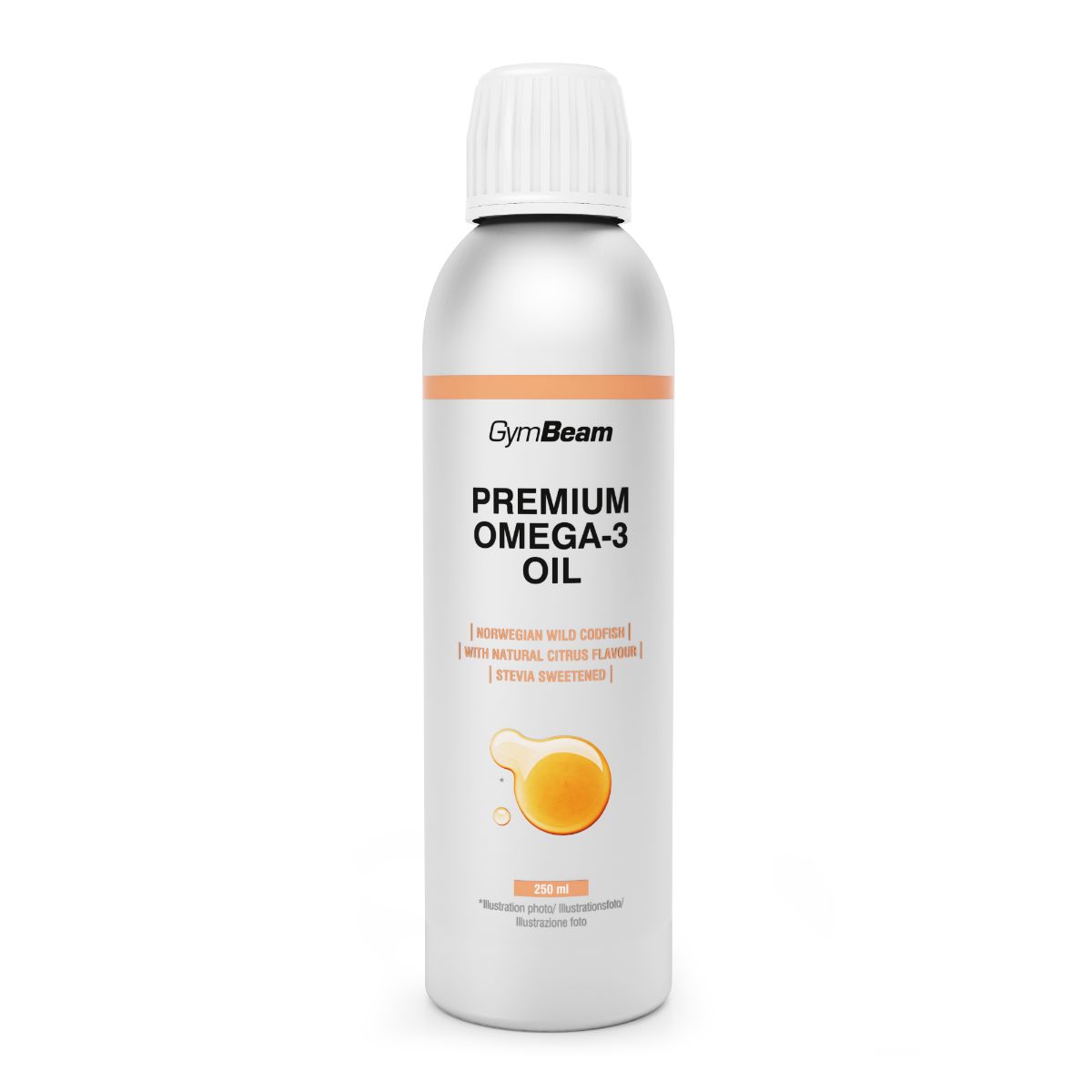 GymBeam Premium Omega-3 Fischöl in flüssiger Form mit Zitrusaroma in einer silbernen Flasche.