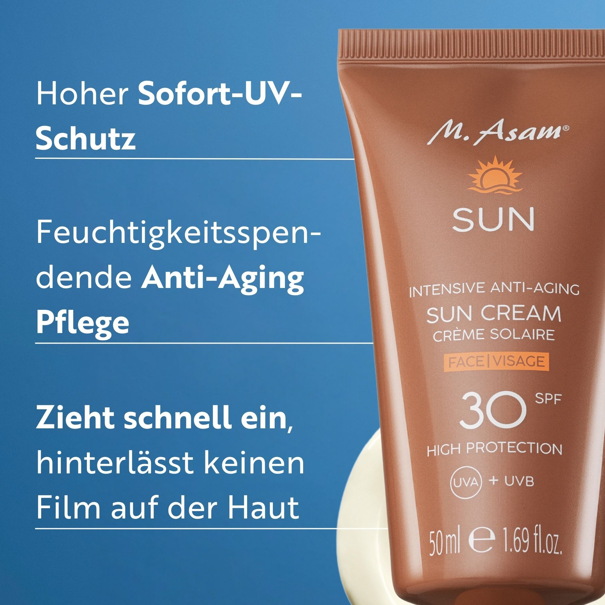 Braune Tube mit Sonnencreme. Text: M. Asam SUN, LSF 30, Anti-Aging. Aufschrift: Hoher UV-Schutz, feuchtigkeitsspendend, zieht schnell ein.
