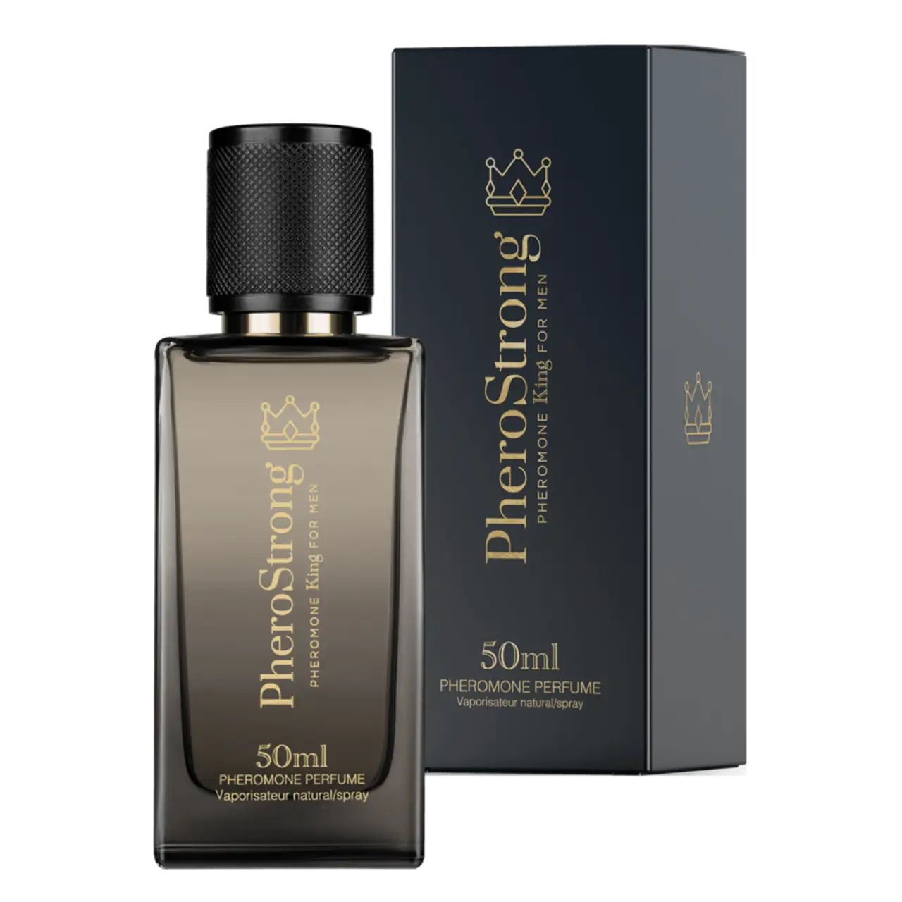 PheroStrong Pheromon Parfüm für Männer, 50ml Flakon mit schwarzem Zerstäuber und passender Schachtel.