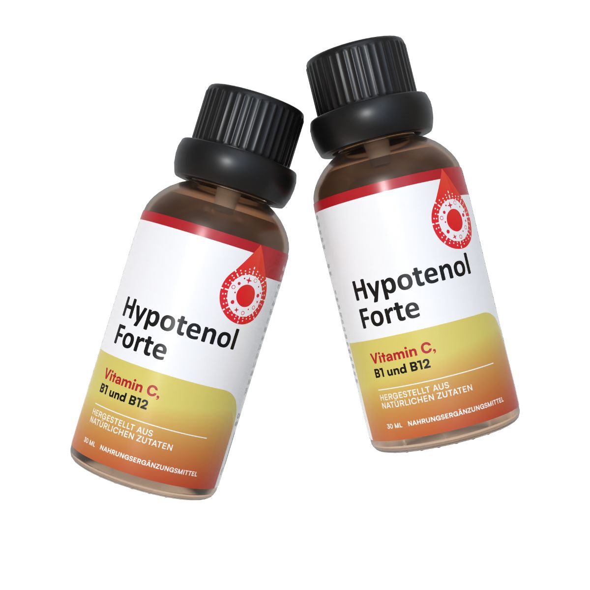 Zwei braune Tropfflaschen mit "Hypotenol Forte" Etikett, Vitamin C, B1 und B12.