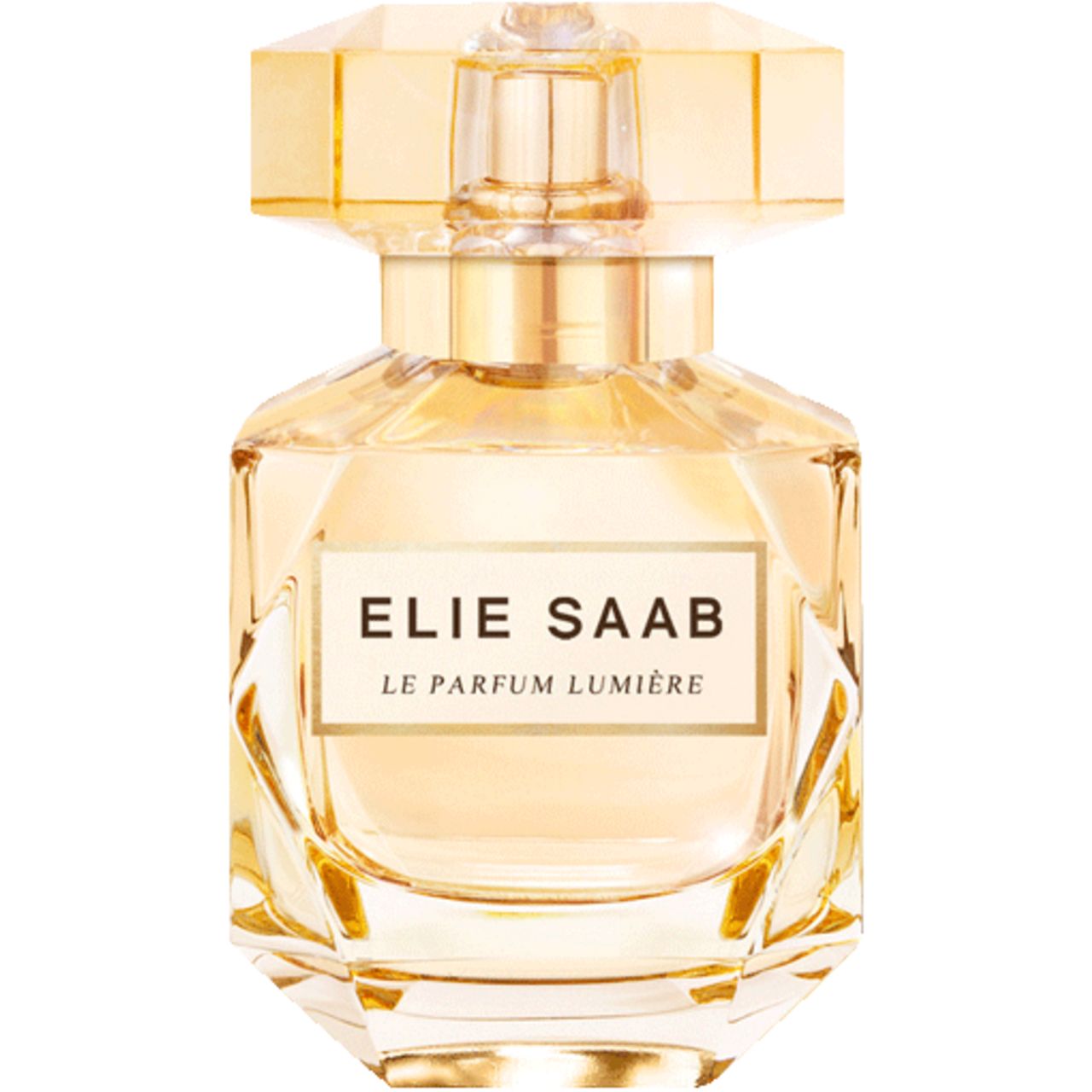 Elie Saab Le Parfum Lumière Eau de Parfum Zerstäuberflasche mit goldenem Verschluss und Etikett.
