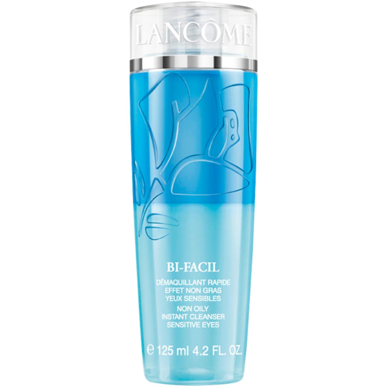 LANCÔME Bi-Facil Make-up-Entferner. Blaue Flasche mit transparentem Deckel. Produktname und Volumenangabe.