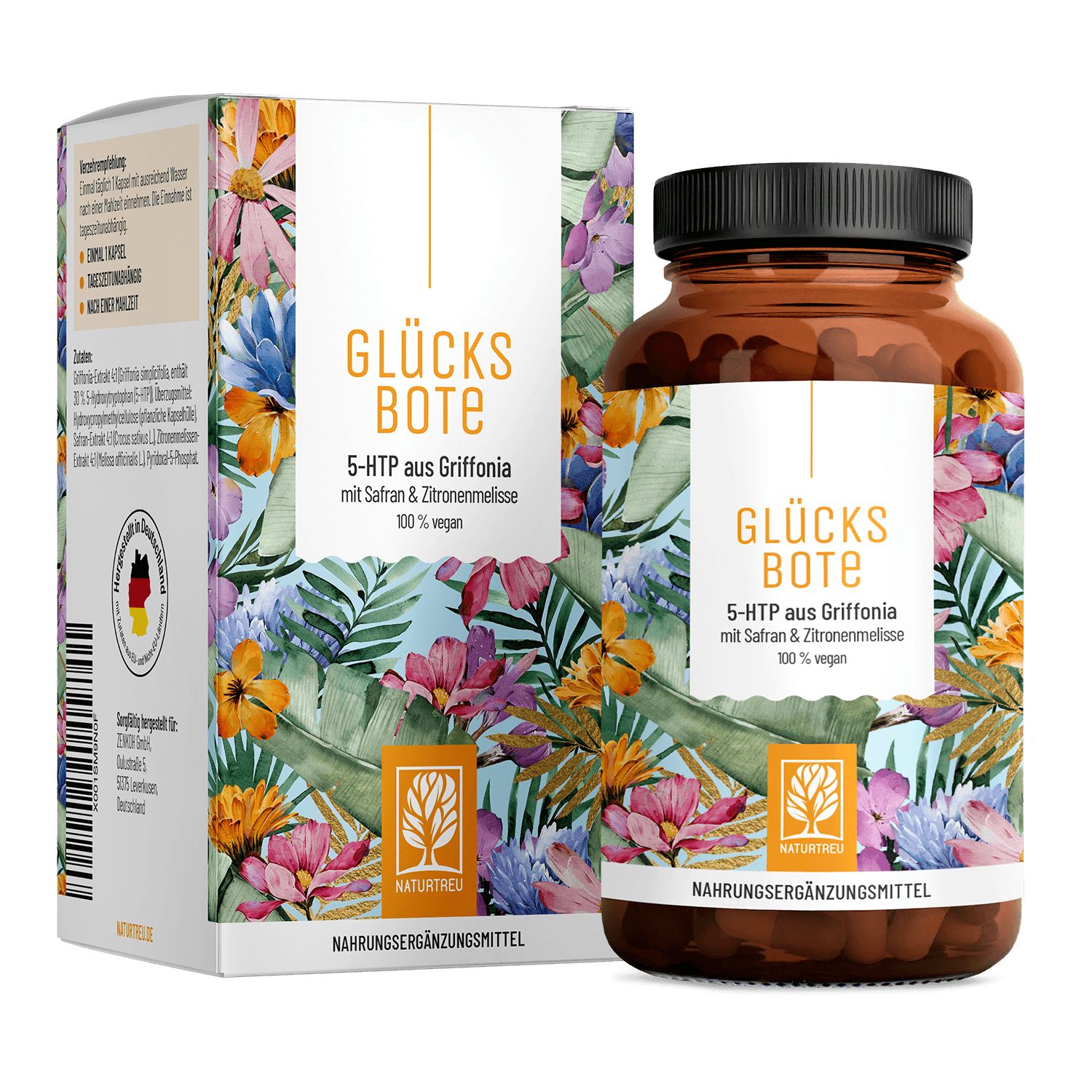 Flasche und Karton des Nahrungsergänzungsmittels 5-HTP Griffonia Glücksbote.