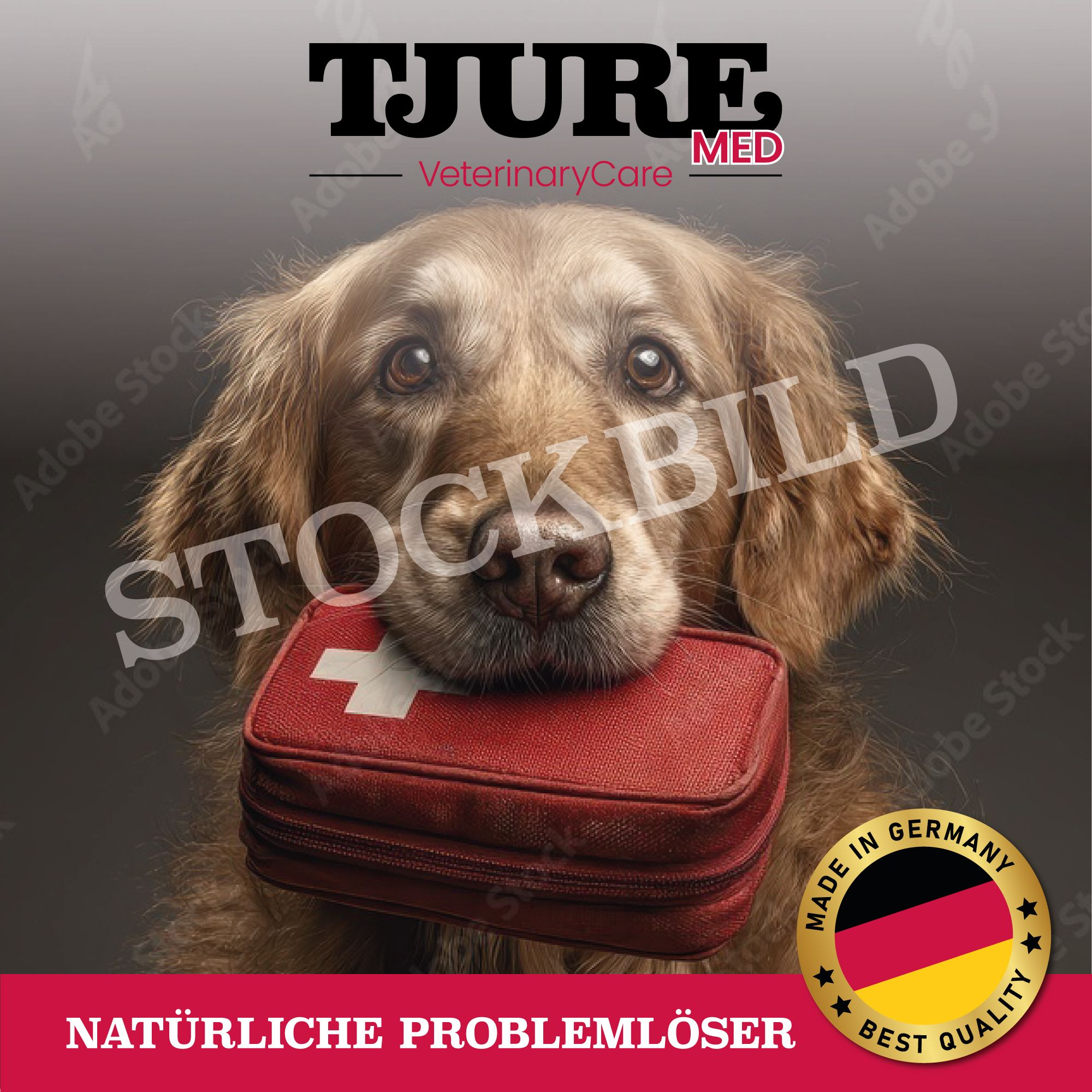 Hund mit roter Erste-Hilfe-Tasche im Maul. Schriftzug: STOCKBILD, MADE IN GERMANY, NATÜRLICHE PROBLEMLÖSER.