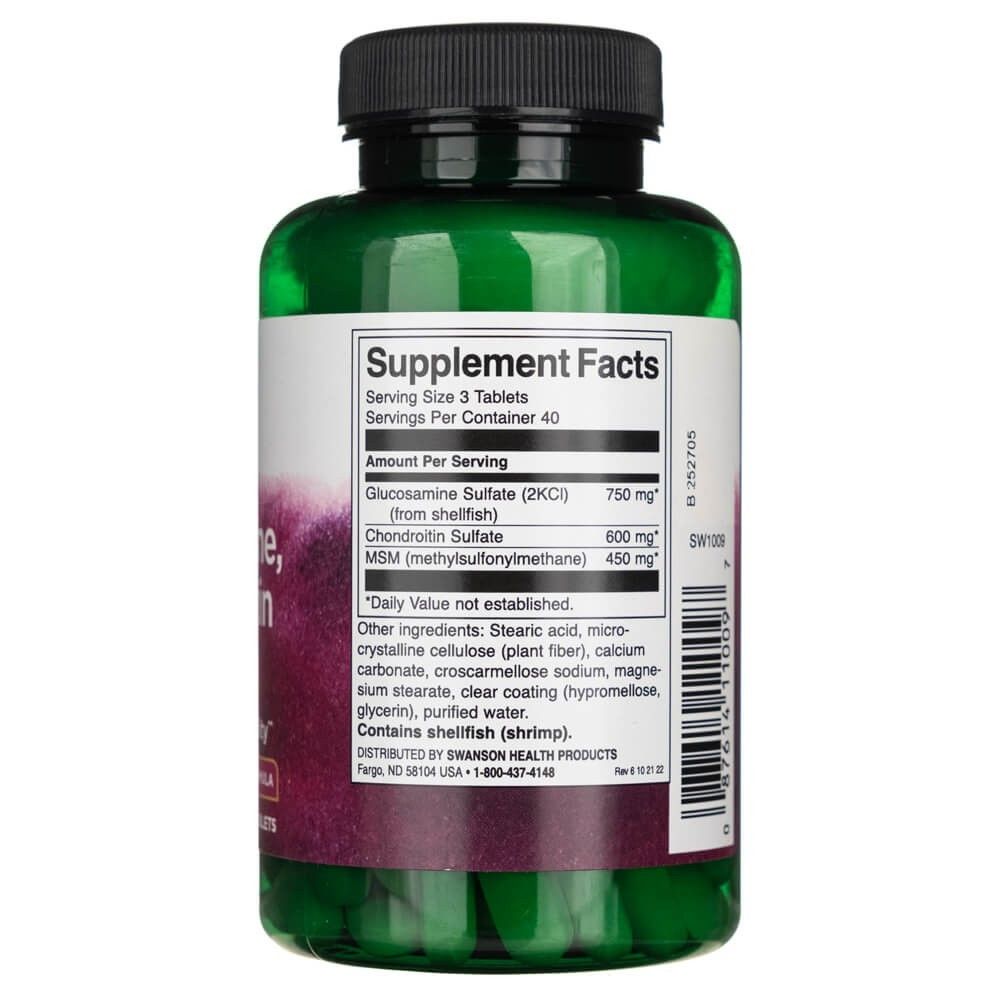 Grüne Flasche mit Supplement Facts Etikett: Glucosamin Sulfat, Chondroitin Sulfat, MSM. Enthält Schalentiere.