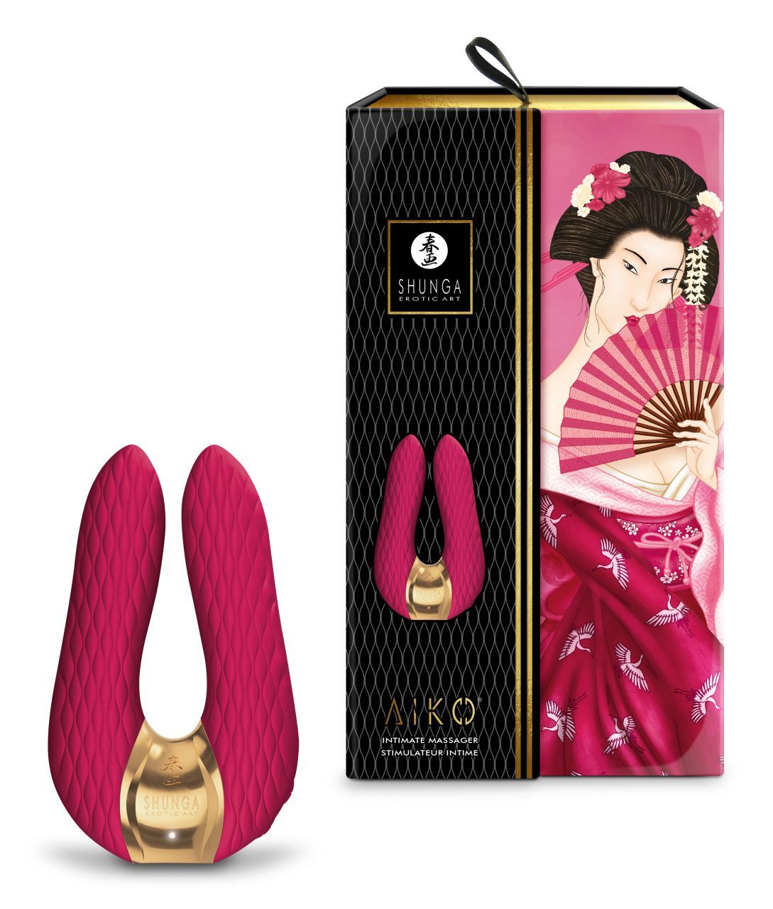 Roter Doppelvibrator neben Verpackung. Verpackung mit Geisha-Illustration und Produktnamen Aiko.