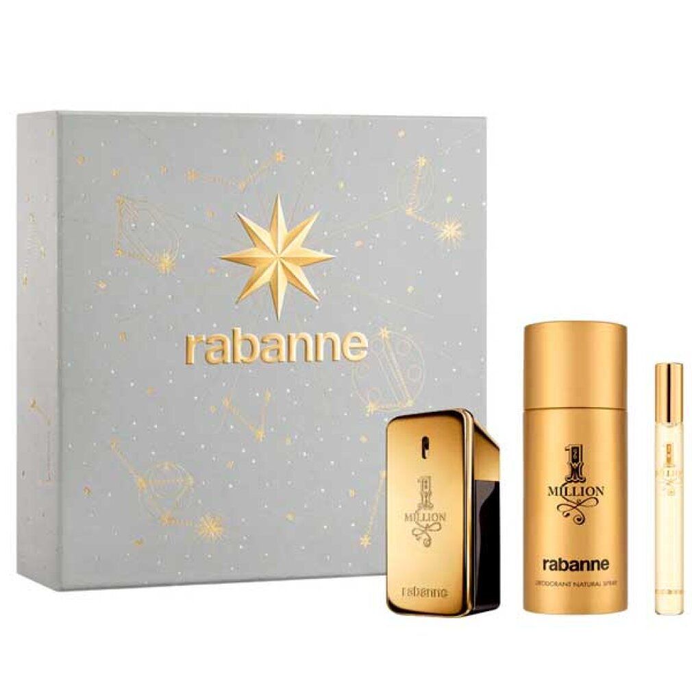 Rabanne 1 Million Geschenkset: Eau de Toilette, Deospray und Reisezerstäuber.