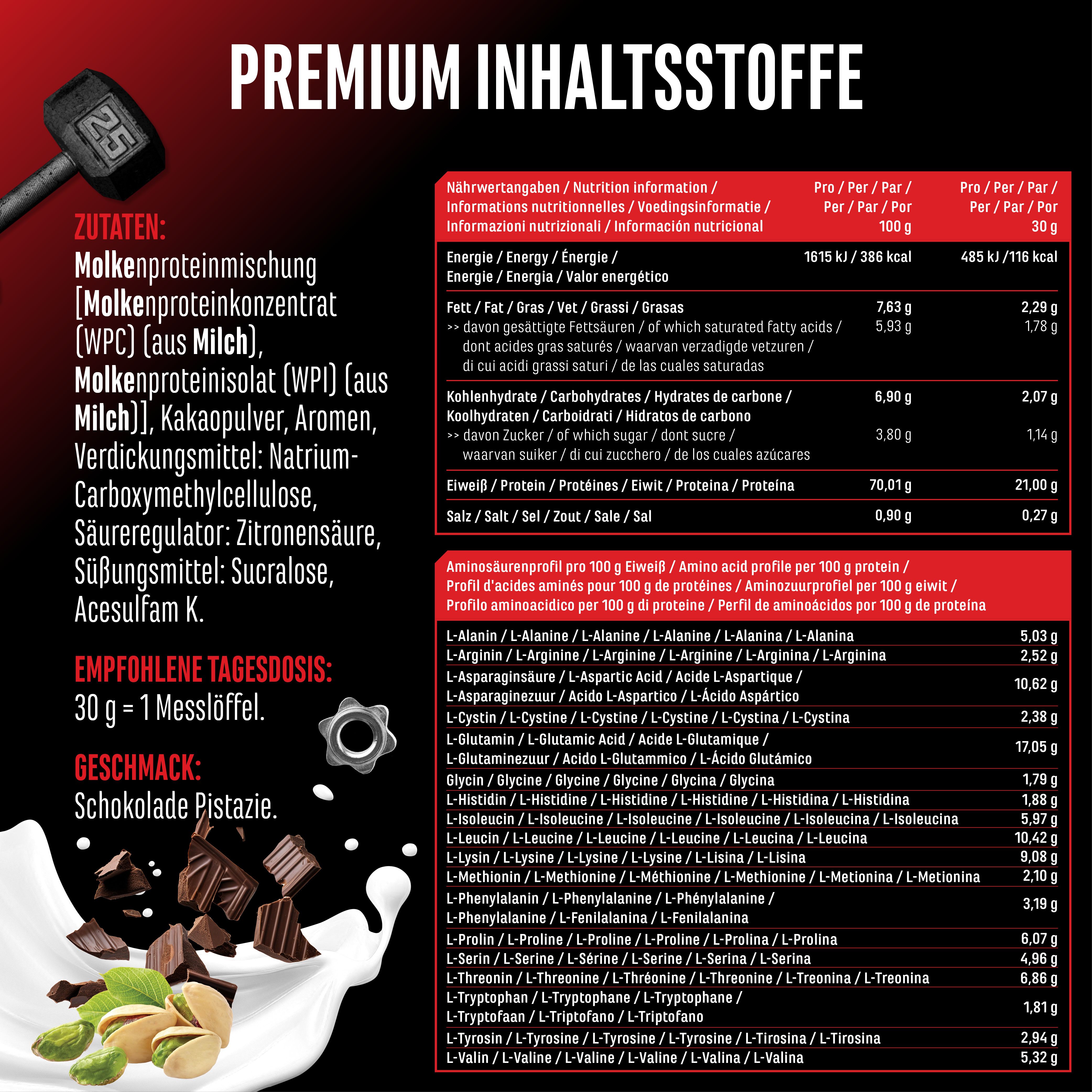 Nährwerttabelle für Whey Protein. Zutaten, Nährwertangaben, Aminosäureprofil. Empfohlene Tagesdosis: 30 g. Geschmack: Schokolade Pistazie.