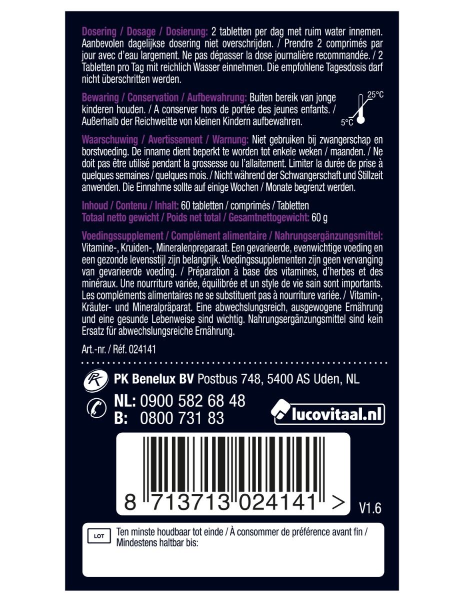 Verpackungsrückseite mit Dosierungsanleitung, Warnhinweisen und Herstellerinformationen.
