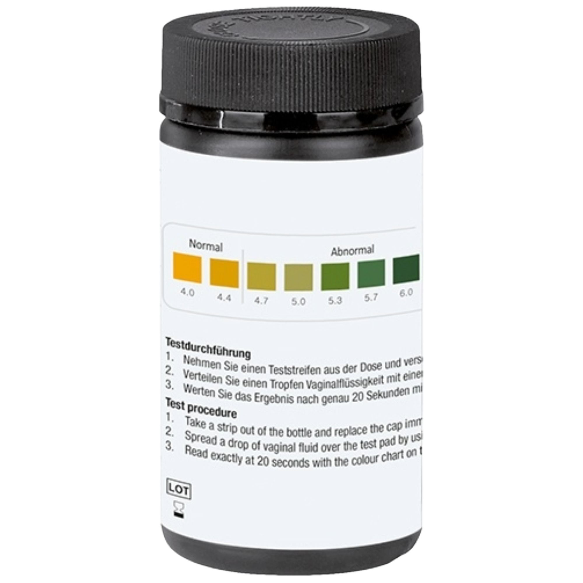 Flasche mit Teststreifen. Aufschrift: Vaginal pH Servotest. Farbskala von 4,0 bis 6,0. Gebrauchsanweisung in Deutsch und Englisch.
