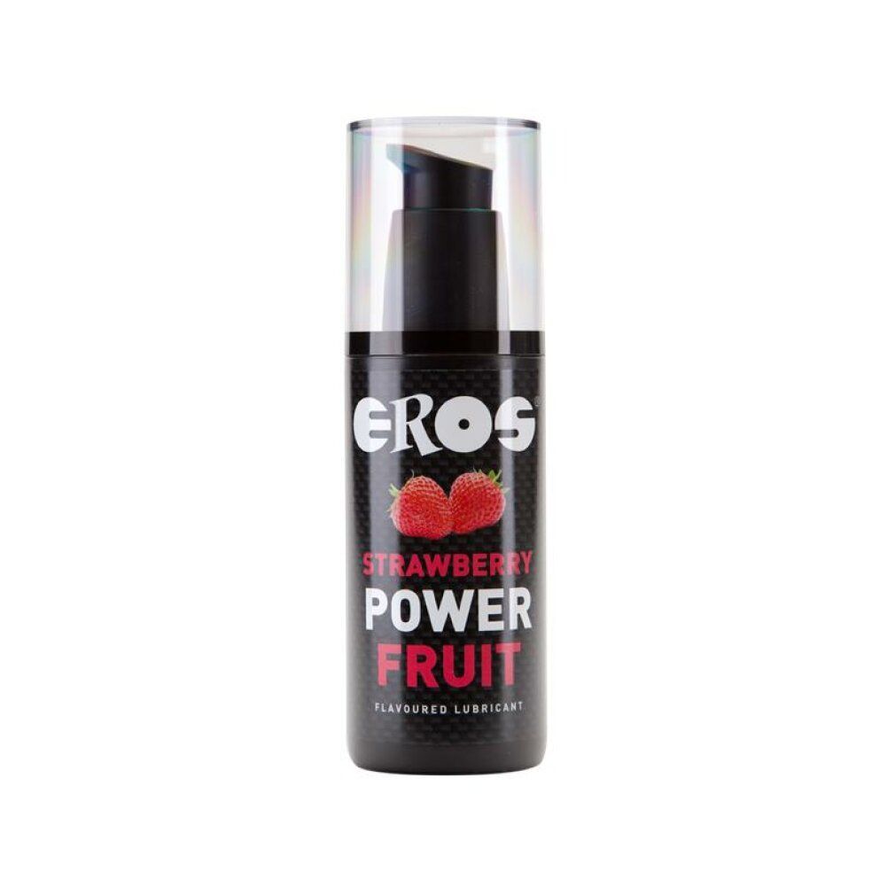Schwarze Flasche mit Dosierpumpe. Aufschrift: EROS, Erdbeere, Power Fruit. Abbildung von Erdbeeren.