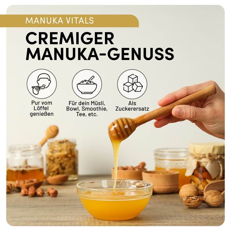 Honig wird mit einem Honiglöffel in eine Schüssel gegossen. Text: "Cremiger Manuka-Genuss". Symbole: pur, Müsli, Zuckerersatz.