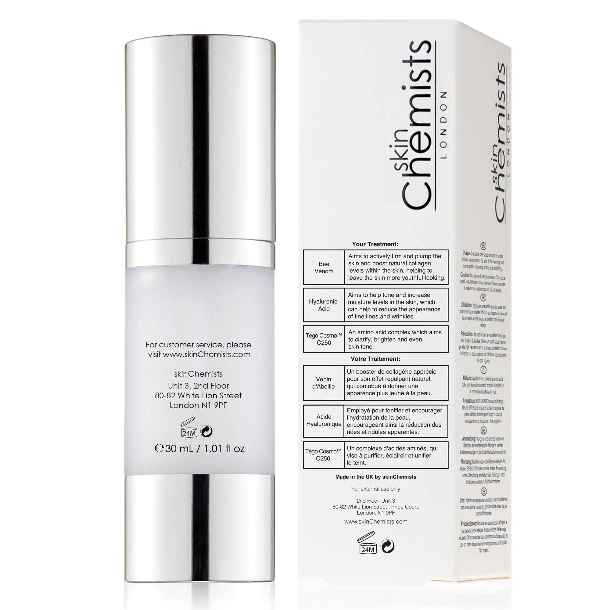 Gesichtsserum mit silberner Pumpe und weißer Flasche. Rückseite der Verpackung mit Text und Inhaltsstoffen. SkinChemists Logo.