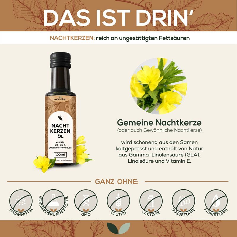 Braune Glasflasche mit schwarzem Deckel. Etikett mit Produktbezeichnung und floralen Elementen. Gelbe Blüten daneben. Text: Nachtkerzenöl.