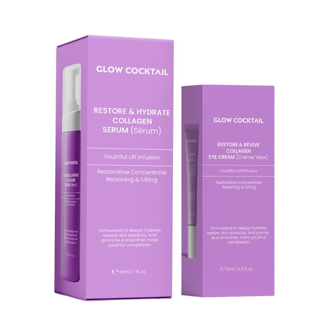 Zwei lila Produktverpackungen. Links: Serum mit Pumpe. Rechts: Augencreme. Beide mit Text: Glow Cocktail, Restore & Hydrate Collagen.