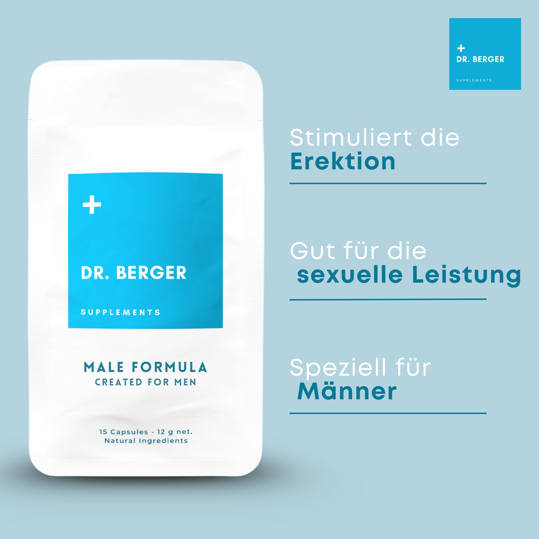 Weiße Verpackung mit blauem Feld. Text: DR. BERGER, MALE FORMULA. Text daneben: Stimuliert die Erektion.