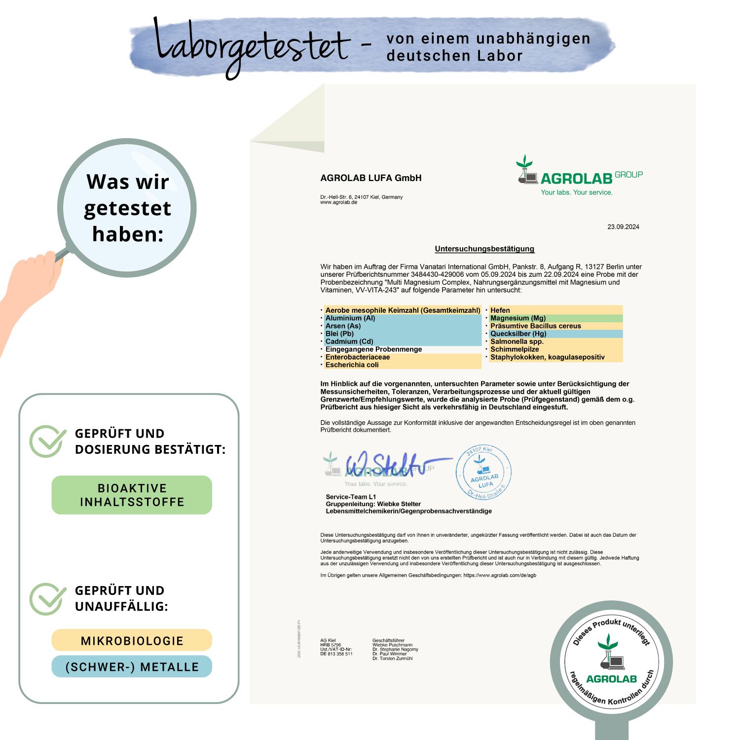 Laborzertifikat von Agrolab. Bestätigung von Bioaktiven Inhaltsstoffen und Mikrobiologie. Siegel: Geprüft und Dosierung bestätigt.