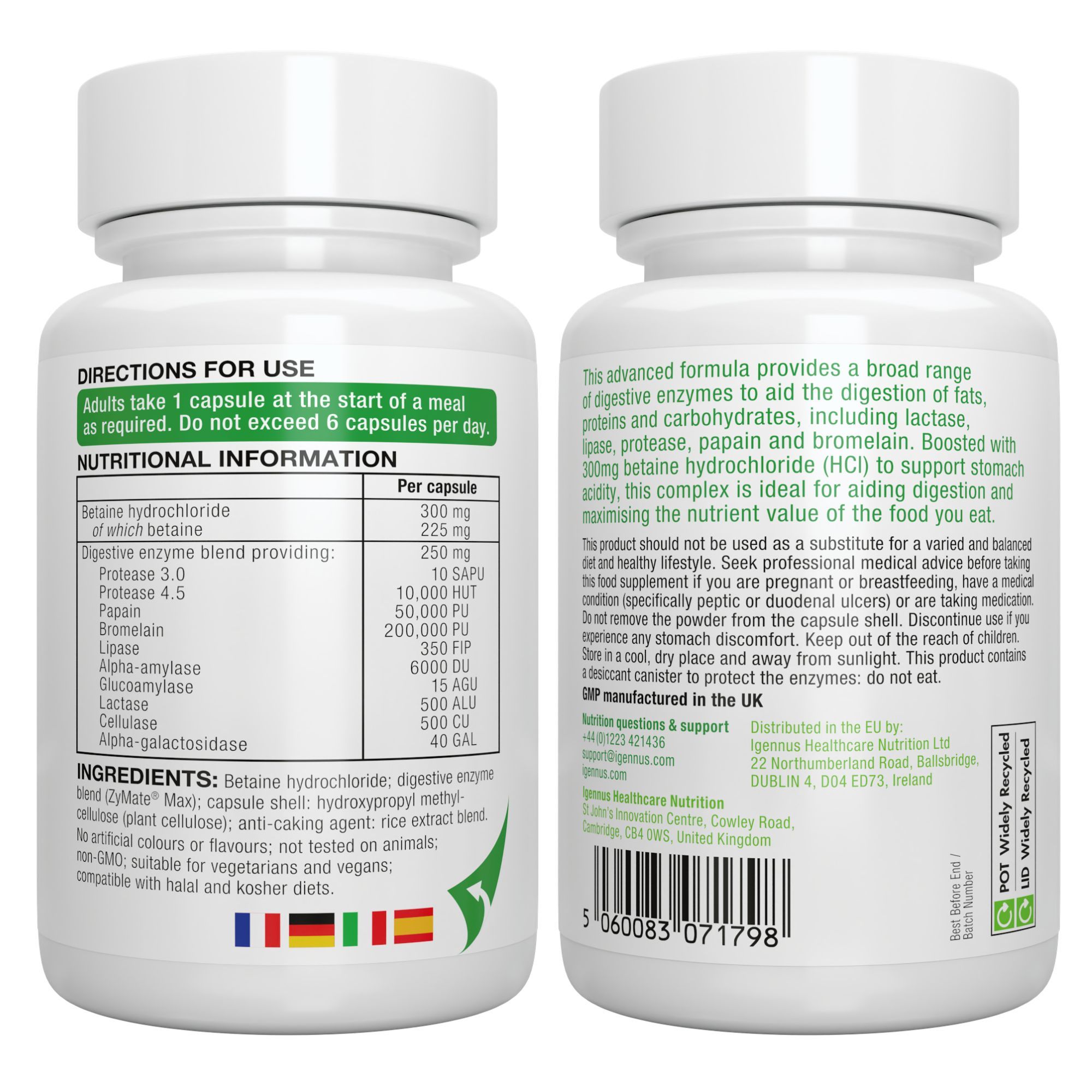 Vorder- und Rückseite der Igennus Verdauungsenzyme Flasche mit Anwendungshinweisen.