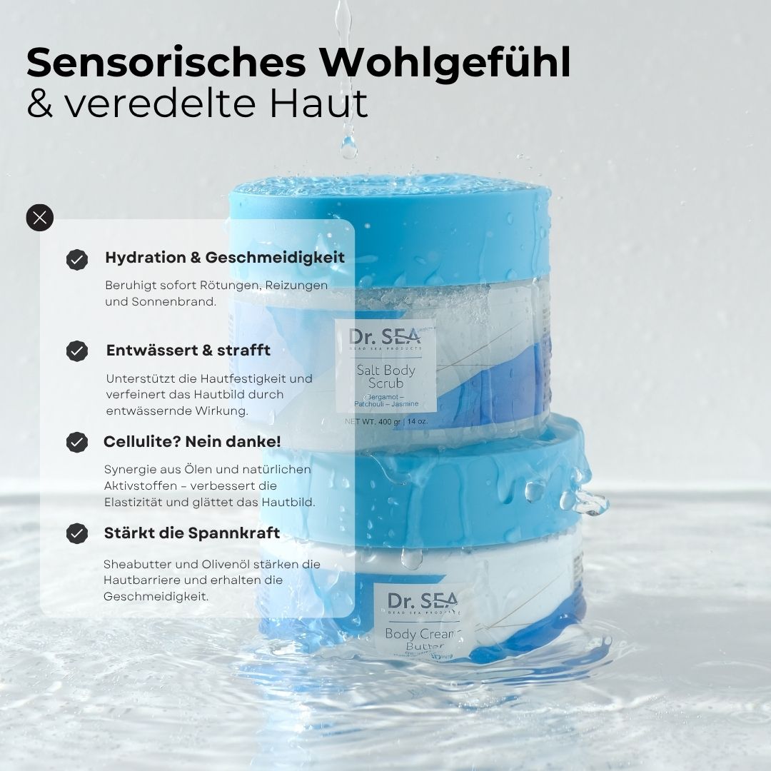Zwei Tiegel mit blauen Deckeln. Text: Hydratation & Geschmeidigkeit, Entwässert & strafft, Cellulite? Nein danke!, Stärkt die Spannkraft.