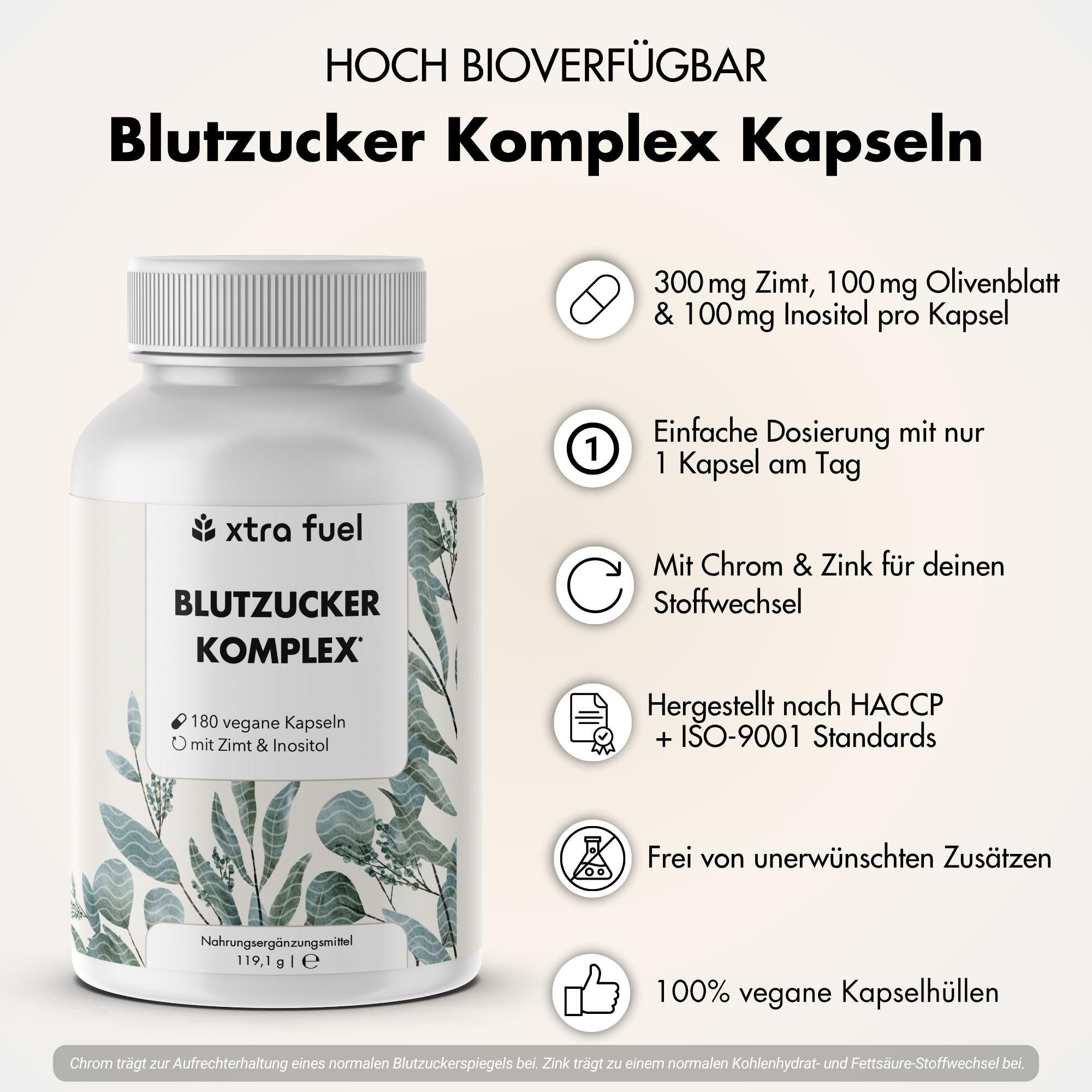 Produktflasche mit Text und Icons. Text: Blutzucker Komplex Kapseln. 300mg Zimt, 100mg Olivenblatt & 100mg Inositol pro Kapsel. 180 vegane Kapseln.