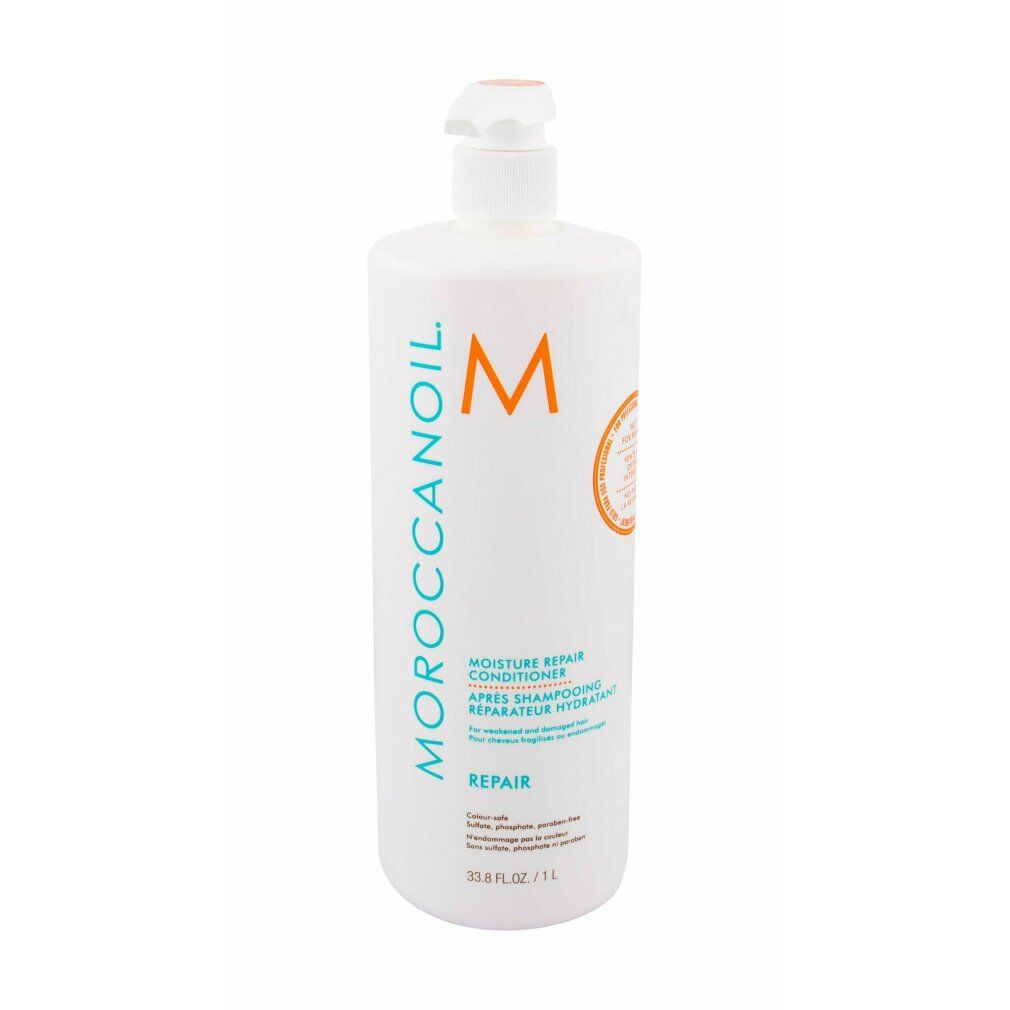 Weiße Flasche mit Pumpe. Aufschrift: Moroccanoil, M-Logo, Moisture Repair Conditioner, Repair. Text in Französisch. Orangefarbener Aufkleber.