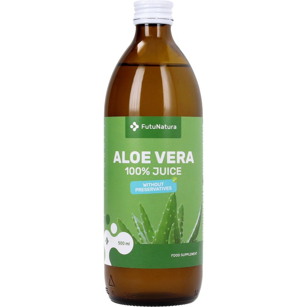 Braune Glasflasche mit grünem Etikett. Aufschrift: Aloe Vera 100% Juice, ohne Konservierungsstoffe. FutuNatura Logo.