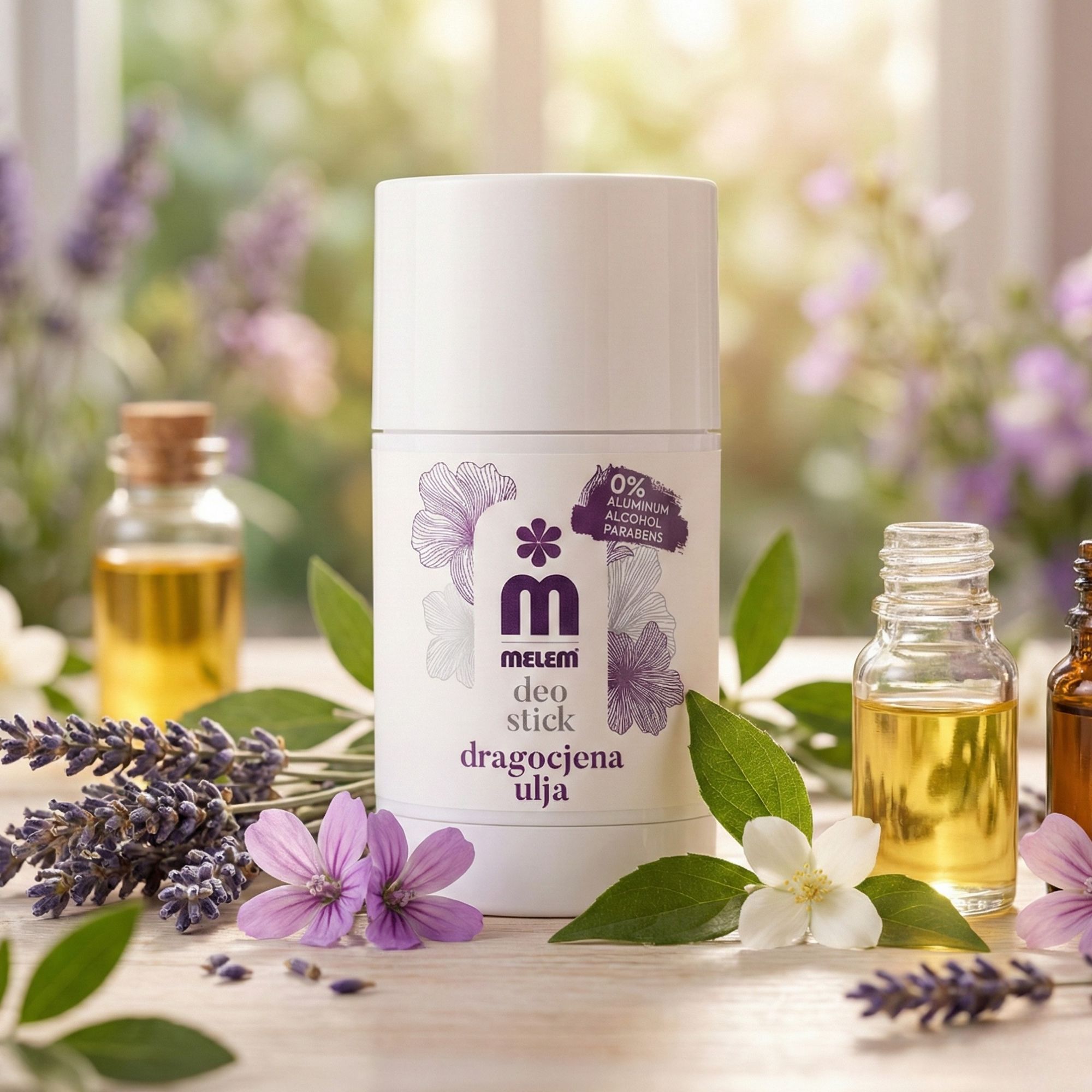Weißer Deo-Stick mit lila Blütenmotiv und Schriftzug. Daneben Ölflaschen und Blüten.