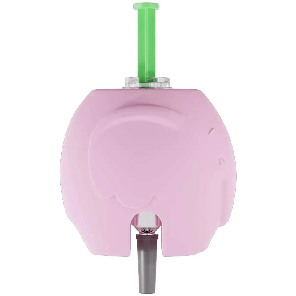 Rosa Spritzenhilfe mit grünem Kolben. Elefantenform. Grauer Aufsatz. Medizinprodukt.