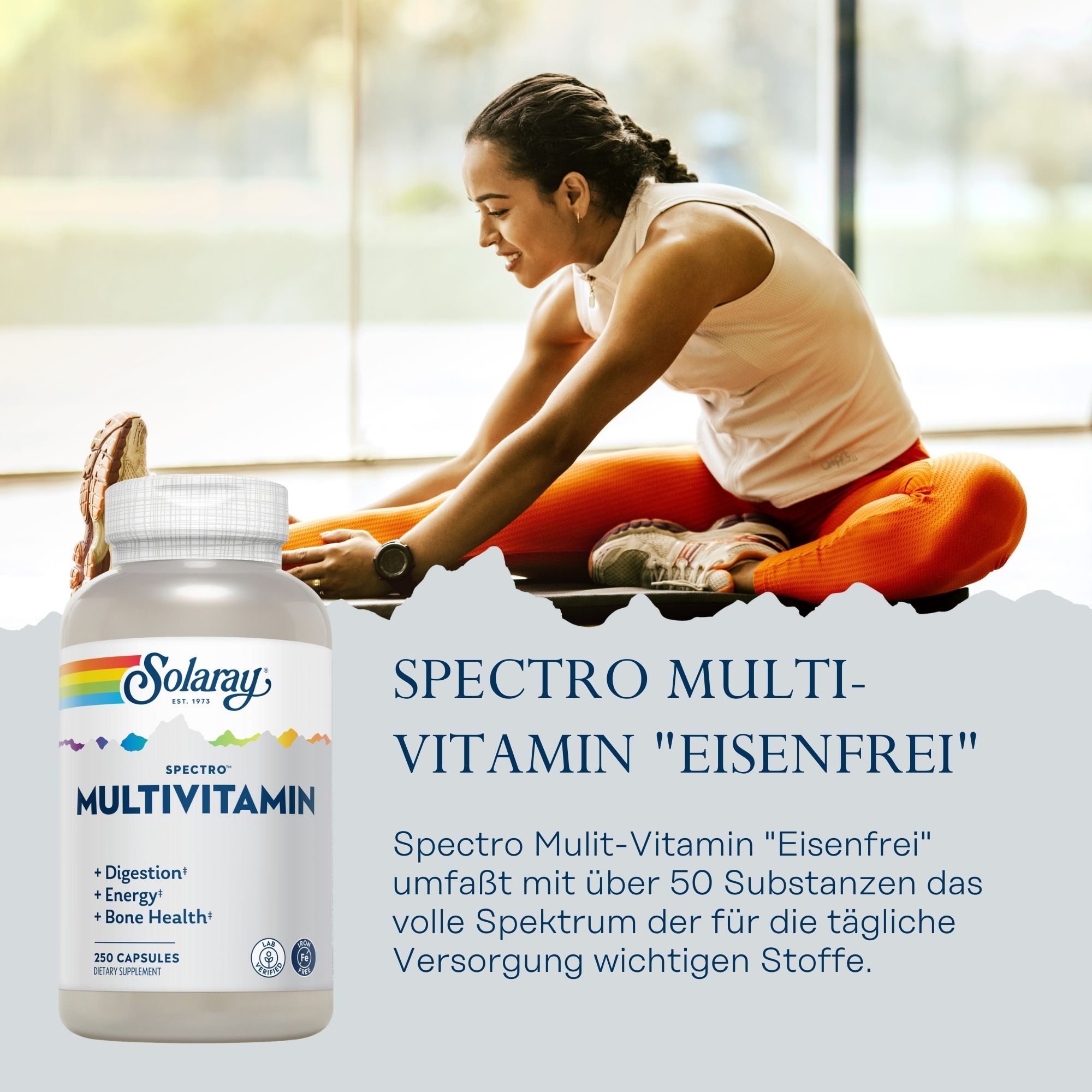 Eine Flasche Solaray Spectro Multi-Vitamin "Eisenfrei" neben einer Frau, die sich dehnt. Text: Spectro Multi-Vitamin.