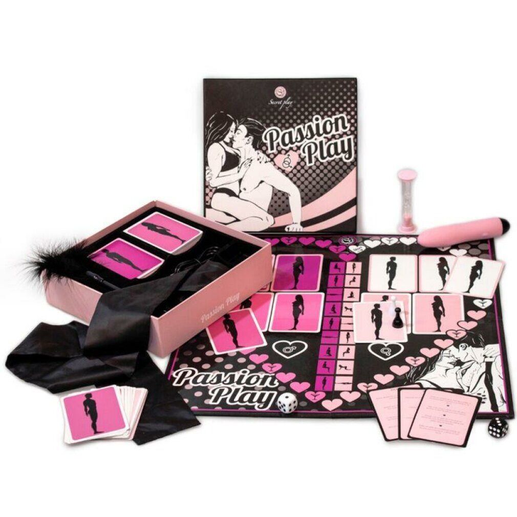Spielbrett, Karten, Würfel, Sanduhr, und Vibrator. Rosa und schwarze Elemente. Spielbox mit Illustration. Marke Secret Play.