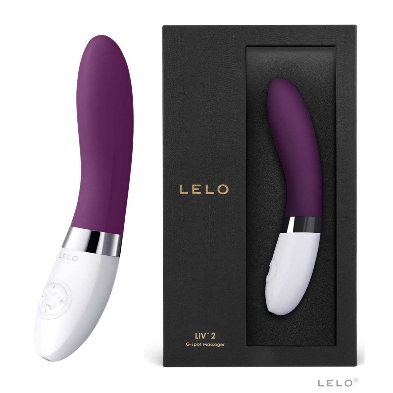 Lila und weiße Vibrator mit silbernem Ring, im schwarzen Karton.
