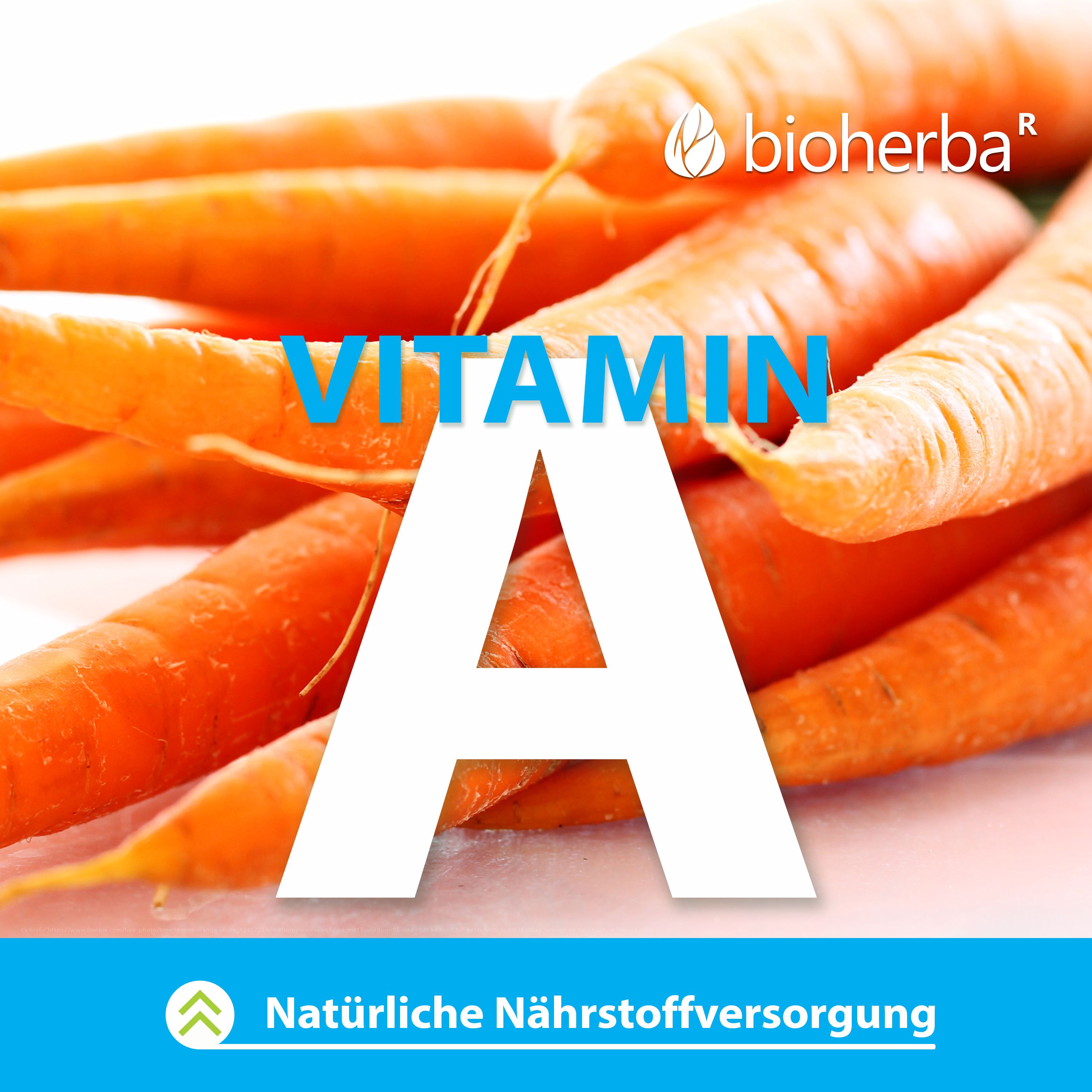 Karotten mit großem Vitamin A-Schriftzug. Text: Natürliche Nährstoffversorgung. Blauer Hintergrund.