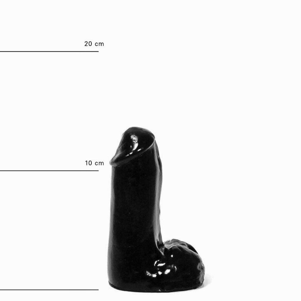 Schwarzer Dildo, vertikal, mit 10 cm und 20 cm Markierungen. Glänzende Oberfläche, detaillierte Formgebung.
