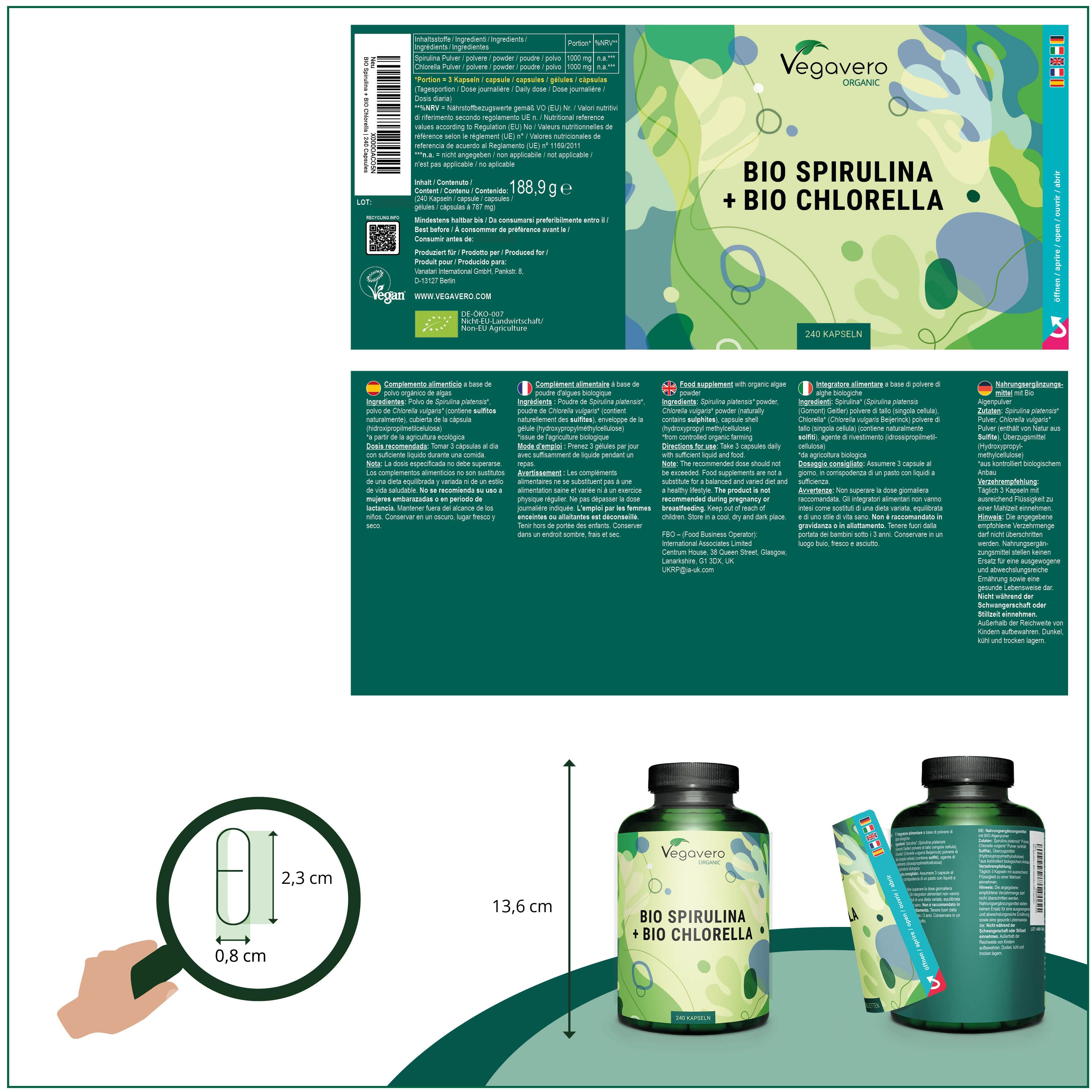 Produktverpackung mit Etikett. Flasche mit Kapseln, Maße: 13,6 cm hoch, 2,3 x 0,8 cm Kapsel. Text: BIO SPIRULINA + BIO CHLORELLA.