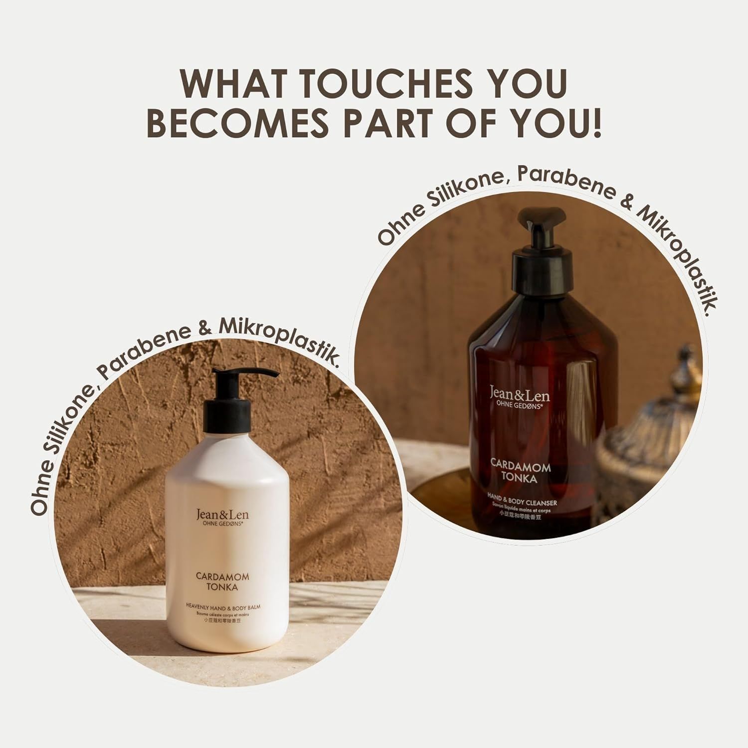 Zwei Flaschen, eine braun, eine weiß. Aufschrift: Cardamom Tonka. Ohne Silikone, Parabene & Mikroplastik.