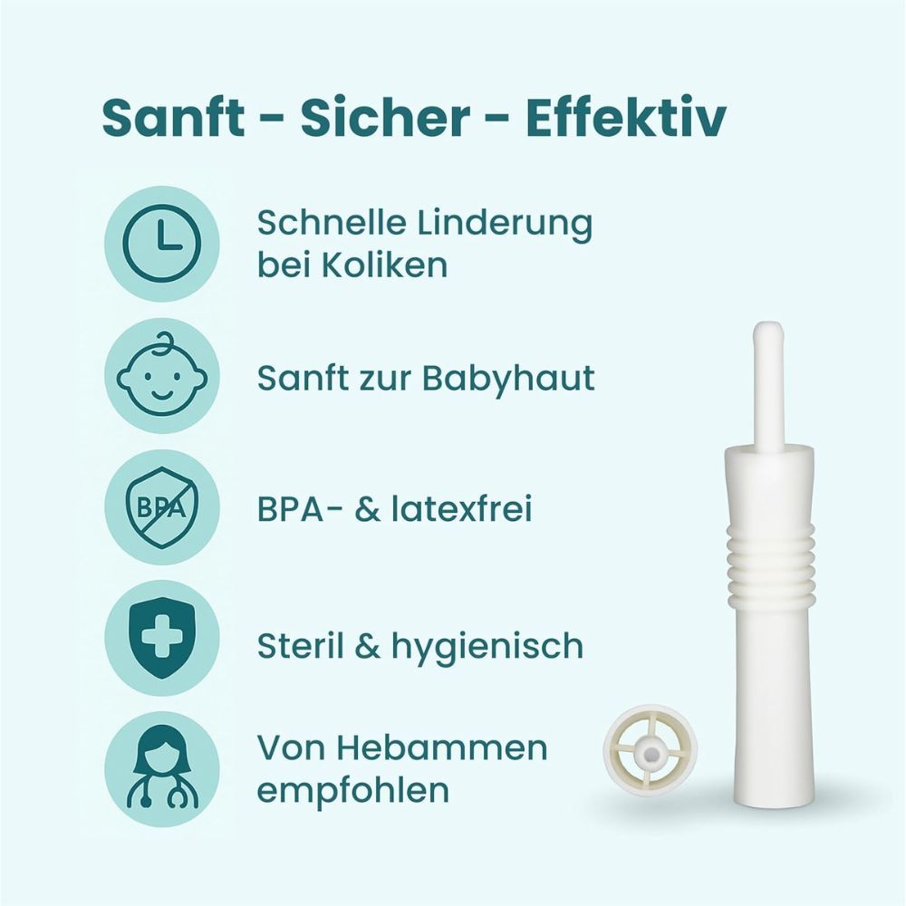Infografik mit Produkt und Icons. Text: Sanft - Sicher - Effektiv. Schnelle Linderung bei Koliken, BPA- & latexfrei, steril & hygienisch.