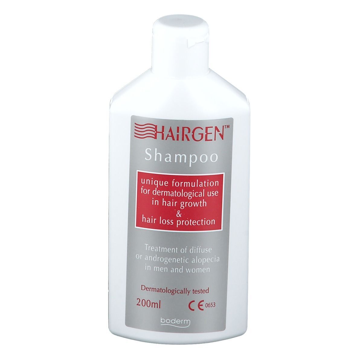 HAIRGEN Shampoo, weiße Flasche mit rotem Rechteck und Text. Dermatologisch getestet. 200ml. Boderm.