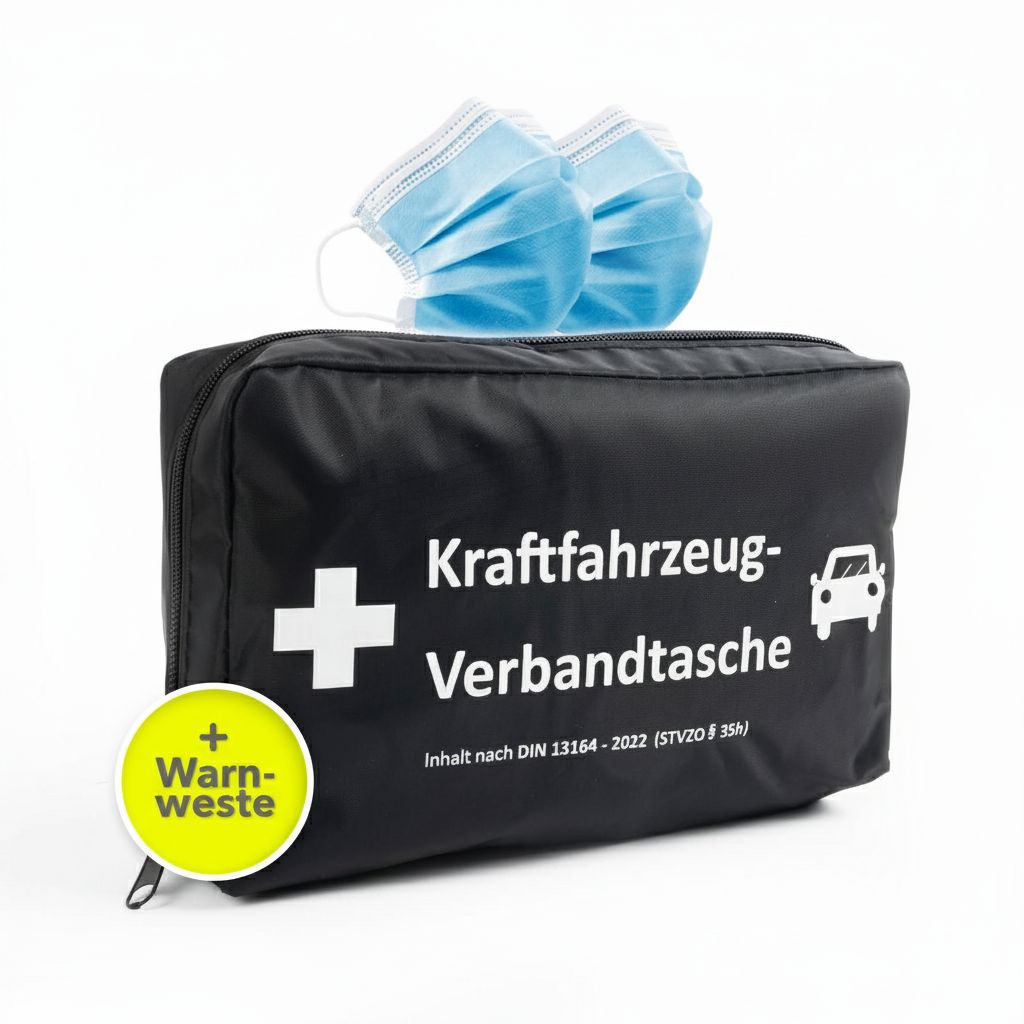 Schwarze KFZ-Verbandtasche mit weißem Kreuz, Text und zwei blauen Masken. Gelber Aufkleber mit Warnweste.