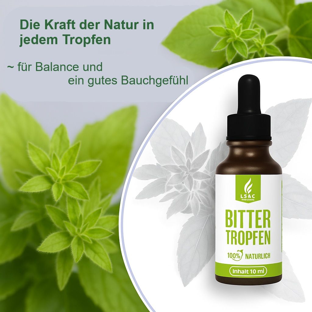 Braune Flasche mit schwarzem Tropfer. Auf dem Etikett steht "Bitter Tropfen" und "LS & C Nutrition". Grüne Blätter im Hintergrund.