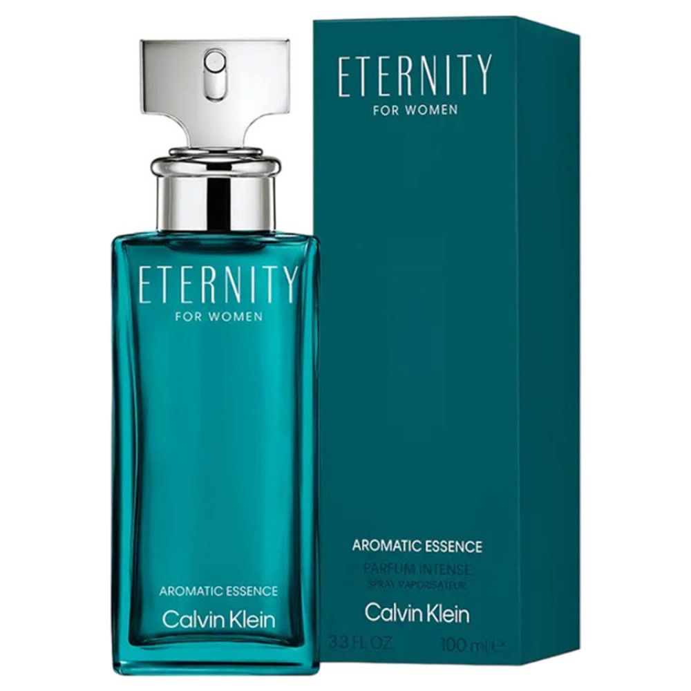 Flakon und Schachtel. Flakon rechteckig, blaugrün, silberner Verschluss. Schachtel blaugrün, Schriftzug Eternity, Calvin Klein.