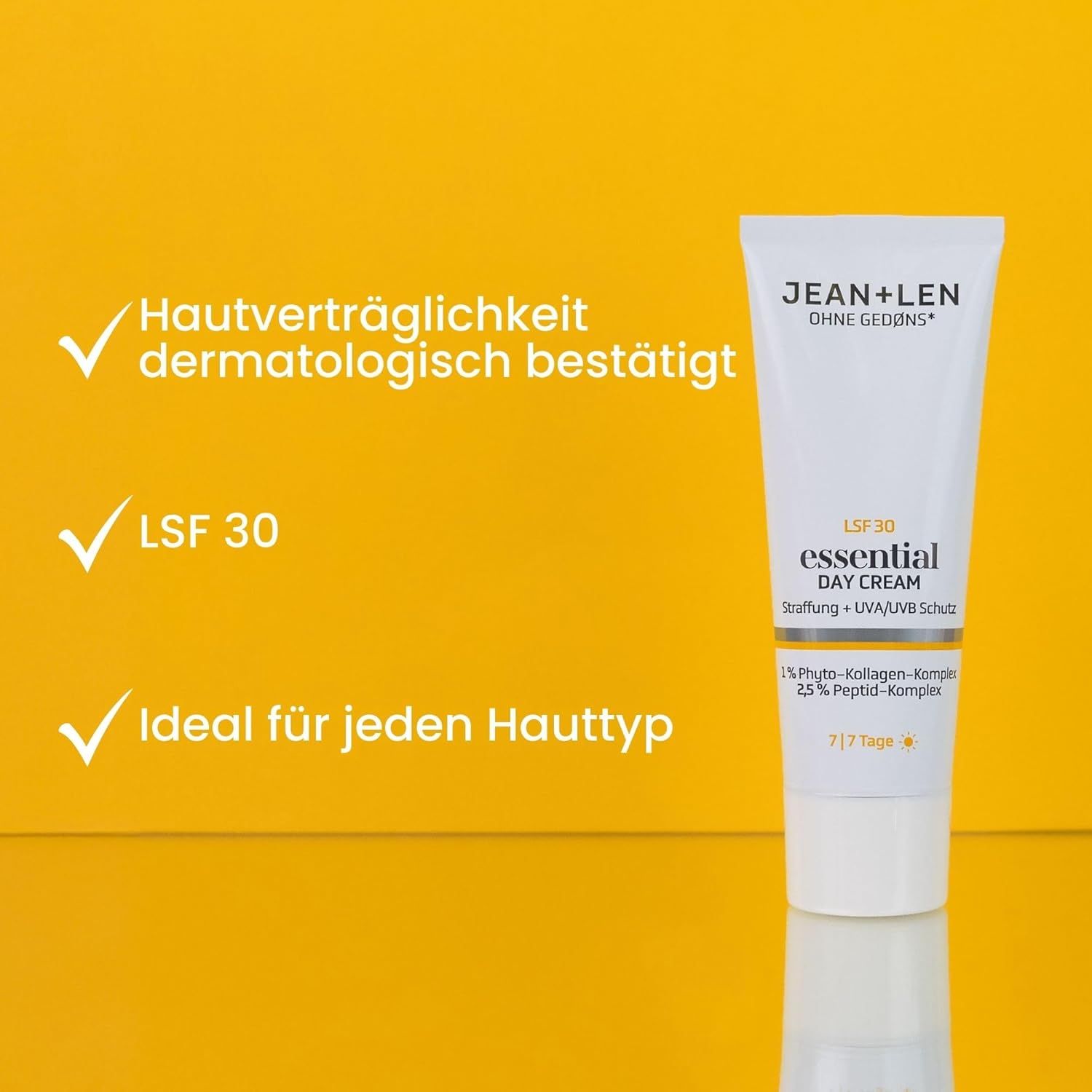 Weiße Tube "Jean & Len essential DAY CREAM" mit grünen Häkchen. Text: dermatologisch bestätigt, LSF 30, ideal für jeden Hauttyp.